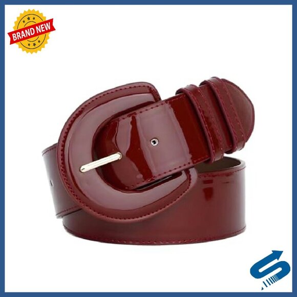 Wide Patent Leather Belt with Big Buckle - Adjustable Waistband for Dresses